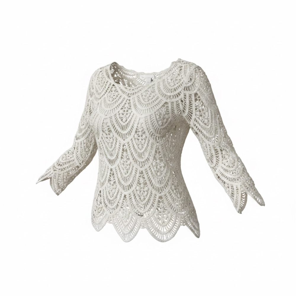 Capri White Crochet Lace Long Sleeve Top Blouse Size L